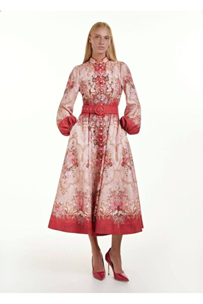 MSN Linen Fabric Zimmerman Model Lace Detailed Dress (Belt Included)-Red-2680