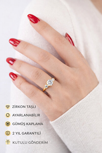 HUBANN Zirkon Taşlı Oval Tektaş Yüzük Gold Ayarlanabilir 3 Taşlı Parlak Gümüş...