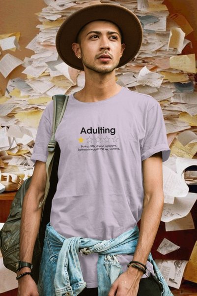 Ninkasiwear Adulting 1 Star Review Written Unisex Oversize 24/1 Cotton T-Shirt - Special Collar Printed