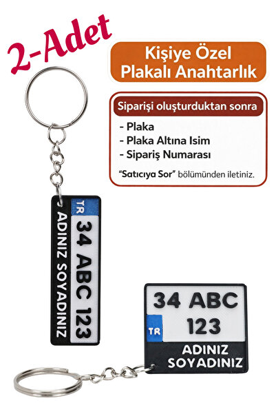lina hobby 2 Adet Kişiye Özel Plaka Anahtarlık Seti - 1 Kare + 1 Standart Mav...