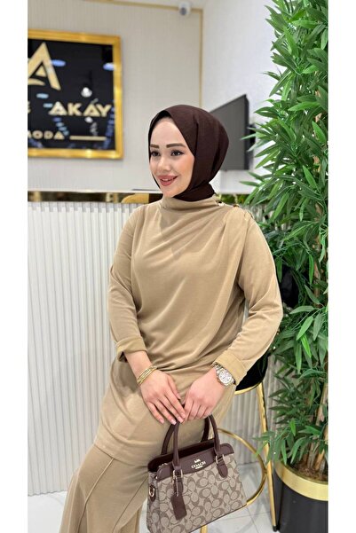 ayşe akay Lüks Cupra İpek Kumaş Düğme Detaylı Tunik Pantolon Takım - Vizon