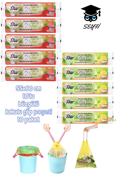 SEYFİKİRTASİYE 55x60 cm 10'lu büzgülü kokulu çöp poşeti 10 paket çöp torbası ...