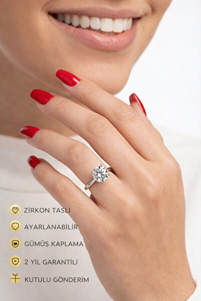 HUBANN Zirkon Taşlı Tektaş Yüzük 7 mm Silver Ayarlanabilir Parlak Taş Gümüş K...