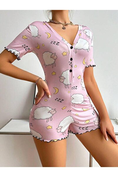 Viselya Patterned Combed Cotton Shorts Jumpsuit