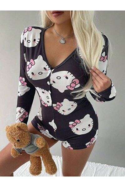 Viselya Cotton Black Hello Kitty Patterned Buttoned Long Sleeve Jumpsuit Pajamas