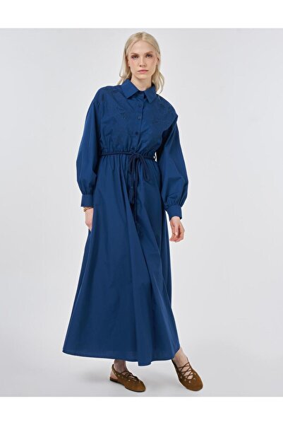Kayra Nakış İşlemeli Pamuklu Elbise Lacivert