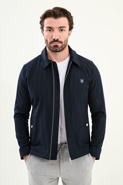 Mcr Striped Slim Fit Shirt Collar Zipper Men's Coat Navy Blue - 39654.25K