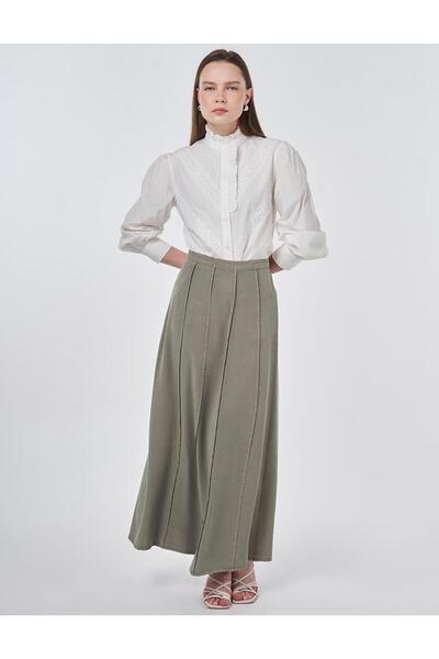 Kayra 100% Lyocell Piece Stitched Skirt Khaki
