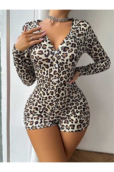 Viselya Comfortable Leopard Patterned Women's Jumpsuit with Buttons