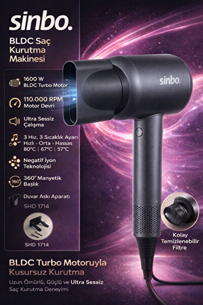 Sinbo BLDC Turbo 110.000 RPM Profesyonel İyonlu Saç Kurutma Makinesi 1600W Se...