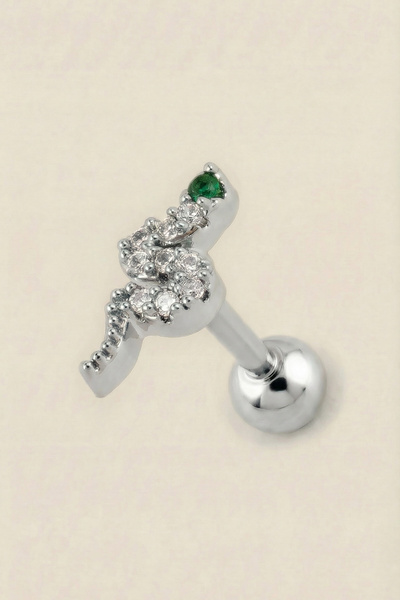 Hetra Gümüş Renkli Cerrahi Çelik Zümrüt Yeşili Taşlı Yılan Tragus Piercing – ...