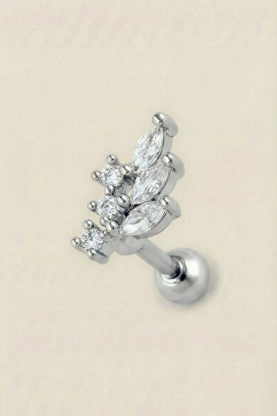 Hetra Gümüş Renkli Cerrahi Çelik Yaprak Formlu Zirkon Taşlı Tragus Piercing –...