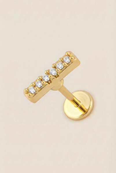 Hetra Altın Renkli Cerrahi Çelik Zirkon Taşlı Minimal Bar Flatback Piercing –...