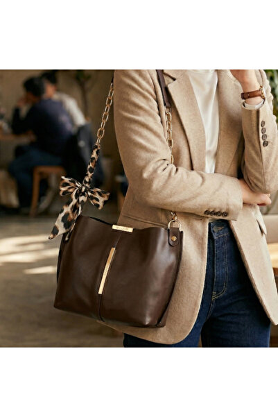 Alvora Brown Bag with Leopard Patterned Scarf Detail