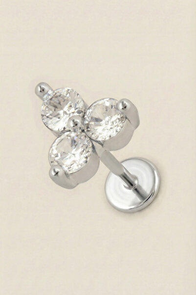 Hetra Gümüş Renkli Cerrahi Çelik Üçlü Taşlı (Trinity) Flatback Piercing – Tra...
