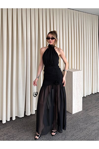 Laluvia Black Rose Detailed Chiffon Dress - 2485