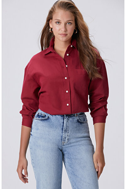 Network Vişne Cep Detaylı Basic Keten Mix Gömlek