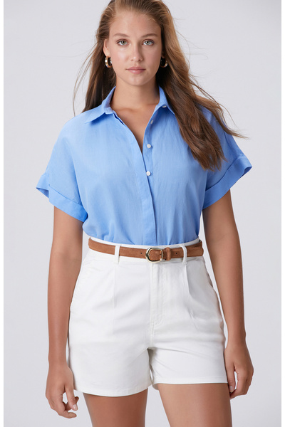Network Mavi Keten Karışımlı Kısa Kollu Gömlek