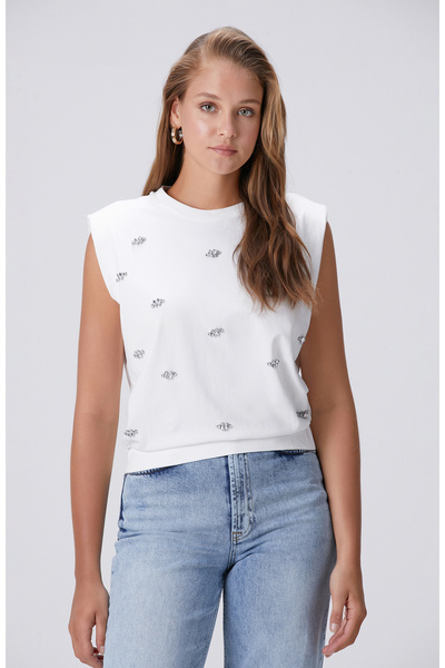 Network Kırık Beyaz İri Taş Baskı Detaylı T-shirt