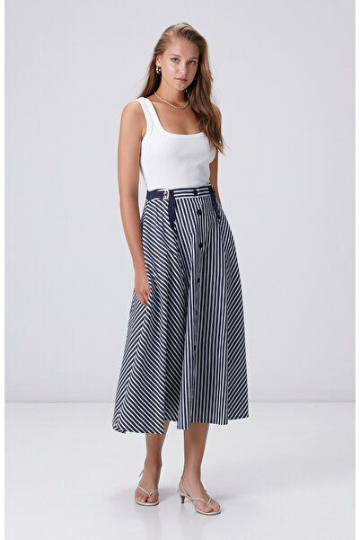 Network Lacivert Kırık Beyaz Çizgi Desenli Midi Etek