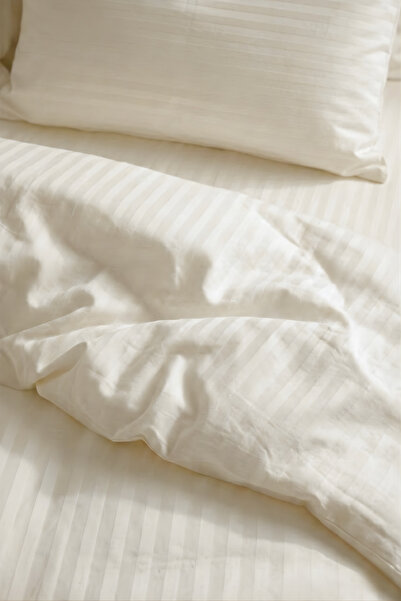 Alez Fabrikası Single Cotton - Satin 210 Tc (83 Thread) Striped Duvet Cover Set Ecru