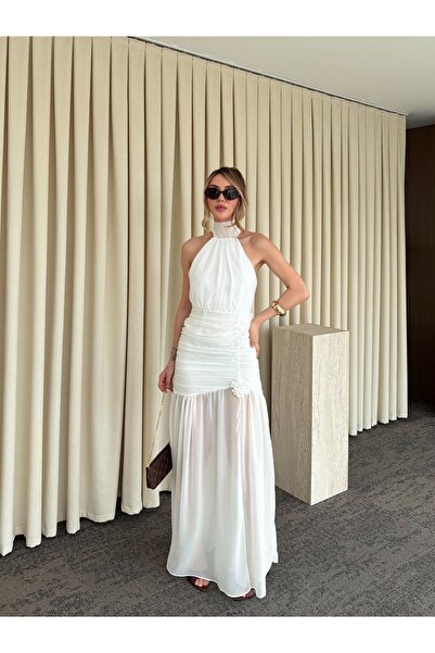 Laluvia Rochie din șifon cu detalii trandafir alb - 2485