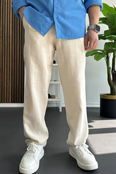 Edwox Men's Buttoned Waist Trousers Cream Edw469