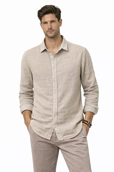 Afri Beige Men's Half Oversize Linen Shirt – Relaxed Fit, Breathable Summer F...