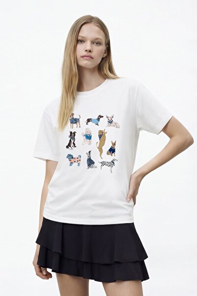 Quzu Oversize T-Shirt with Dog Figure Ecru