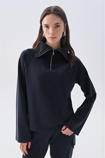 Mudo Modal Mixed Fabric Zippered Polo Collar Sweatshirt