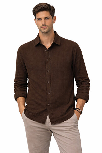 Afri Brown Men's Half Oversize Linen Shirt – Relaxed Fit, Breathable Summer F...