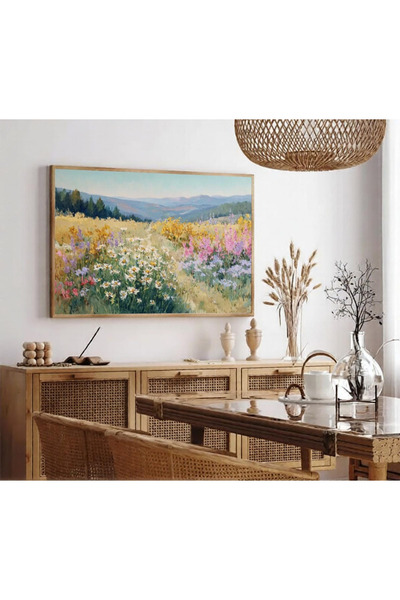 Tuba Decor Tek Parça Ahşap Çerçeveli Tablo renkli kır çiçekleri