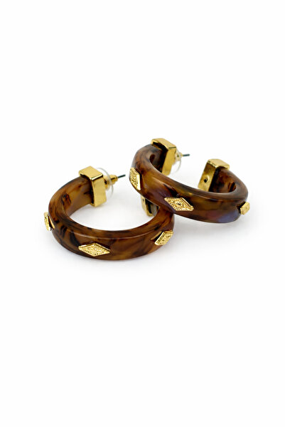 Sacha Accessories Geometrik Desenli Kahve Yarım Halka Küpe