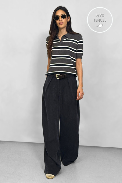 NİLİST Tencel Fabric Belted Comfortable Cut Pants - Navy Blue