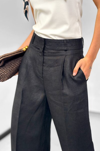 NİLİST Keten %100 Tailored Klasik Kesim Pantolon - Siyah