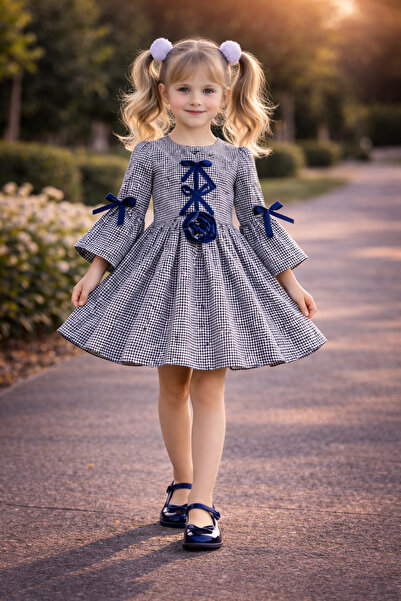 zepkids Rochie pentru fete cu imprimeu Gingham, albastru marin, cu detaliu pa...