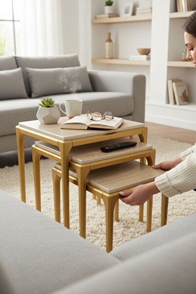 Akabesan Aksesuar Perla Serisi Mermer Desenli Gold Tasarım Ahşap Kayın Ağacın...