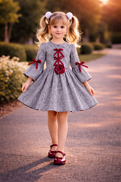 zepkids Rochie pentru fete cu model Gingham, cu detaliu panglică bordeaux, ro...