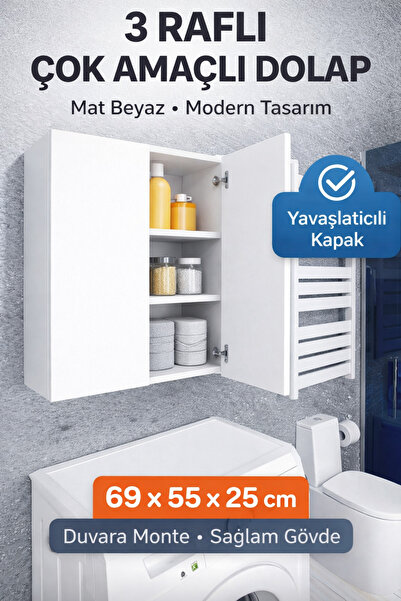 DUYAMO 3 Raflı Çok Amaçlı Banyo Dolabı Mat Beyaz MDF Lam 69x55x25 cm Yavaşlat...