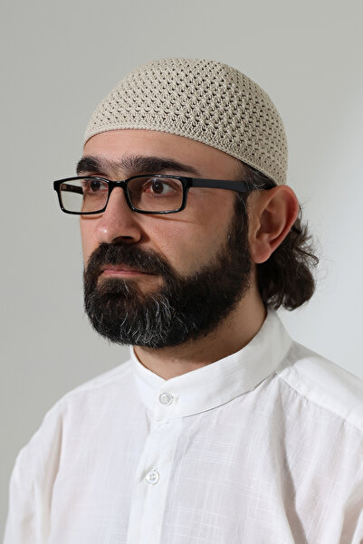 ihvan online Amber Knitted Prayer Cap, Knitted Motif Prayer Cap Beige