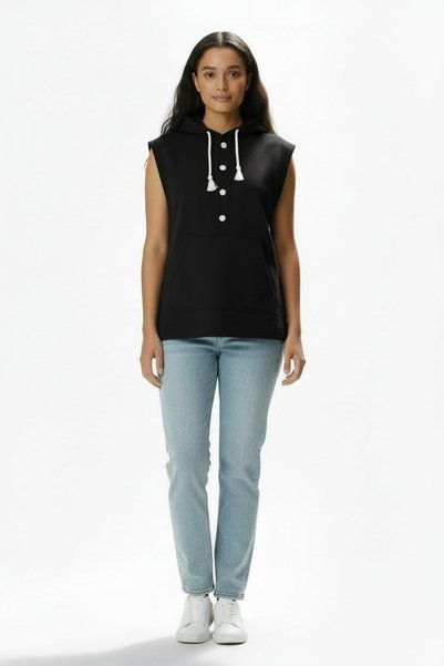 LYVEAN Hooded Sleeveless Buttoned Three-Thread Combed Cotton Sweatshirt