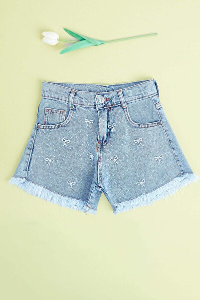 Fulla Moda Stone Embellished Bowknot Embroidered Adjustable Waist Girls' Shorts