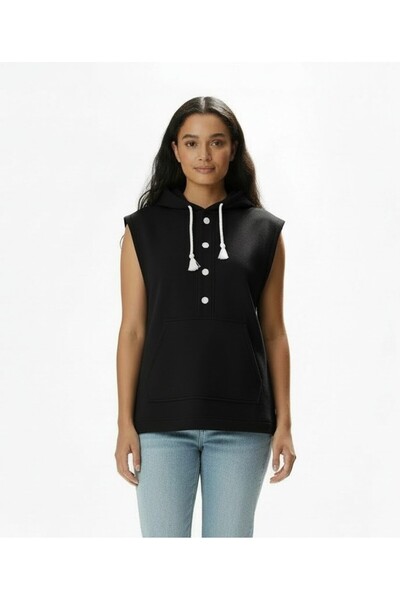 LYVEAN Hooded Sleeveless Buttoned Three-Thread Combed Cotton Sweatshirt