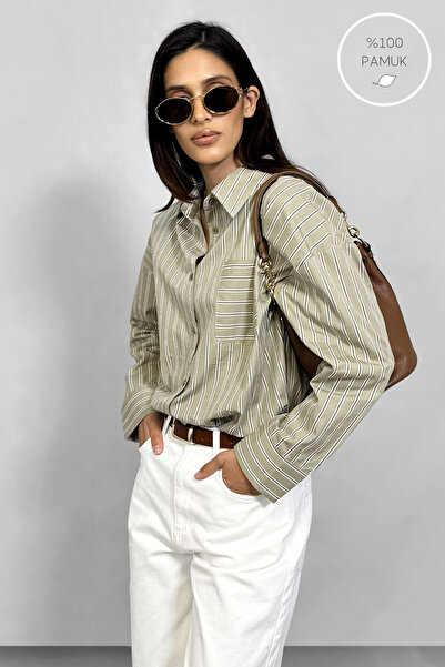 NİLİST Pure Cotton Stand Collar Striped Shirt Sage Green