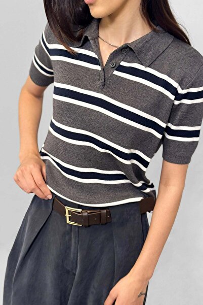 NİLİST Polo Collar Striped Soft Textured Knitwear - Gray