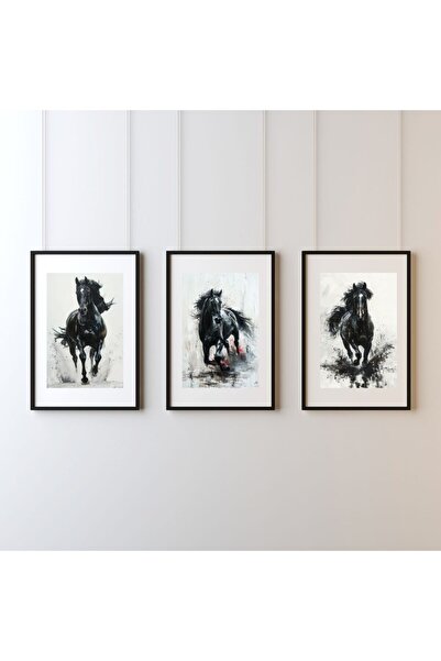 Running Black Horse Set – Tablo Ölçülerinde Çerçevesiz 3’lü Poster – Modern At Duvar Dekoru