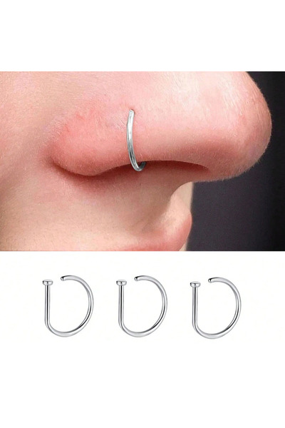 choice2 Hoop Face 3 Pcs Silver 3Pcs 20G Stainless Steel D Shape Thin Nose Rin...