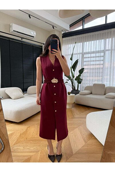 Bade Butik Burgundy Gold Buttoned Buckle Jacket Dress