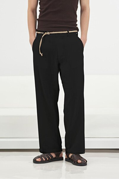 GIESTO Pantaloni negri din in cu curea din paie