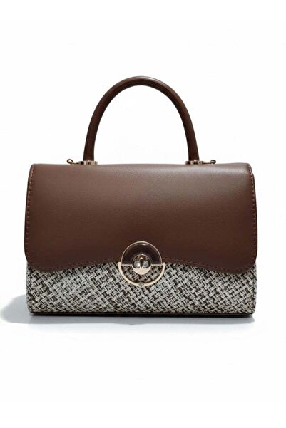 Fumes Mud brown Women’s Handbag – Smooth Finish with Patterned Fabric Panel